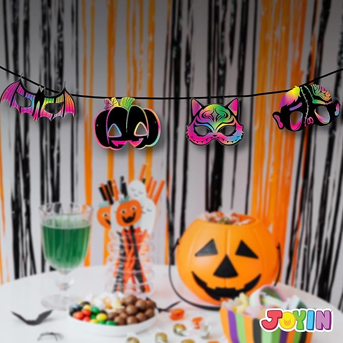 JOYIN 32 Pcs Halloween Rainbow Scratch Masks Crafts for Kids, Halloween Party Favors, Scratch Art Masks, Halloween Party Supplies, Scratch Off Paper Animal Masks Classroom Activities Gift Party Games