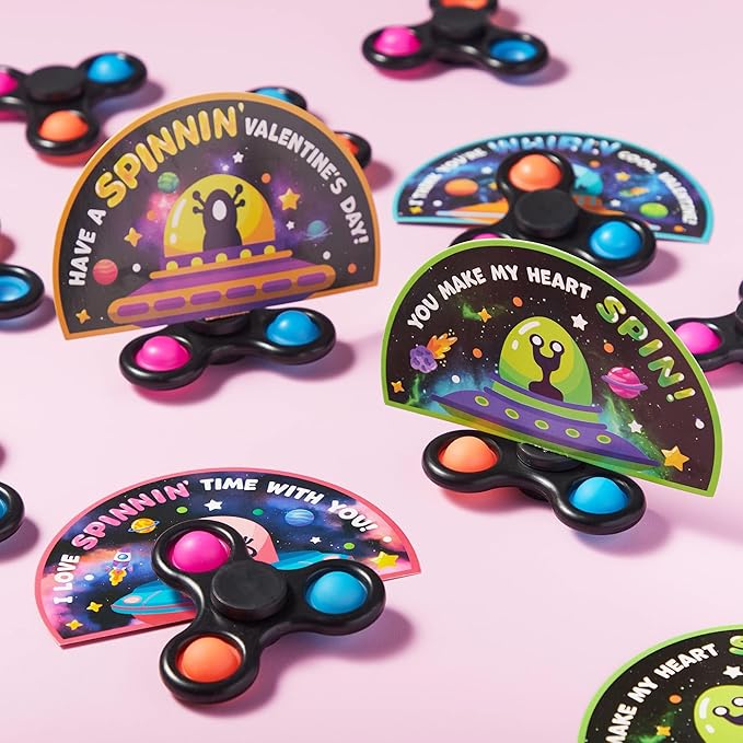 JOYIN 28 Packs Valentines Cards with Alien Style Fidget Spinner for Kids, Stress Relief Hand Finger Spinner Fidget Toy for Classroom Exchange, Valentine's Party Favors, Party Game Prizes for Kids