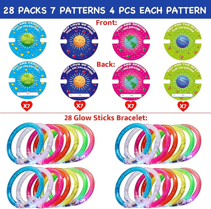 28 Pack Valentines Day Gifts for Kids,Valentine Glow Sticks Bracelet with Valentine's Day Gift Cards for Valentine Light Up Toy Valentines Day Gifts for kids School Classroom Party Favors Supplies
