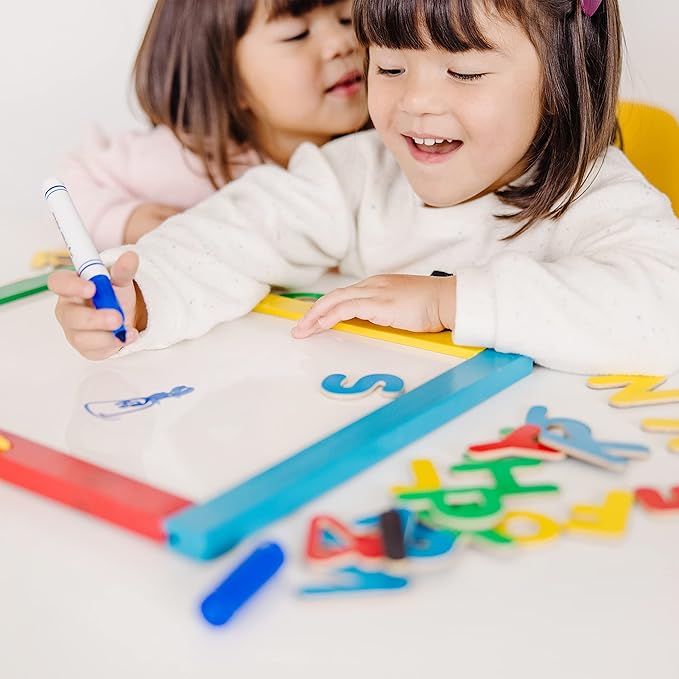 Melissa & Doug Magnetic Chalkboard and Dry-Erase Board With 36 Magnets (Numbers and Uppercase Letters), Chalk, Eraser, and Dry-Erase Pen Letters And Numbers Learning Toys, Chalk Board