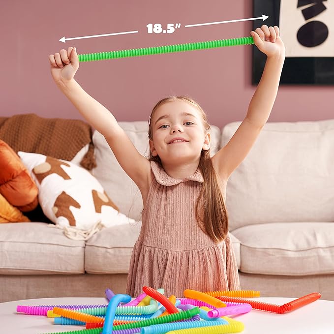JOYIN 18 Pack Pop Tubes, Sensory Toys(Small) Fidget Tubes Party Favors - 9 Colors, Connectable and Extendable for Stress Relief - Perfect for Party, Classroom Exchange, School Reward