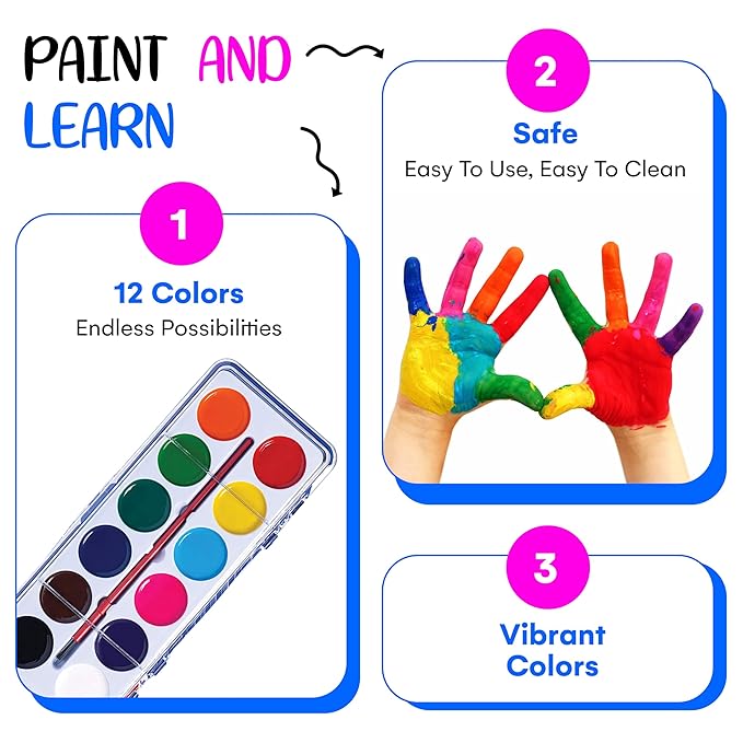 Pack of 24 Watercolor Paint - 12 Washable Paint Palettes (2oz/each) - Water Color Paint Sets for Kids - Ideal for Art Projects, School, Classrooms, and Home - Vibrant Colors and Easy Clean-Up