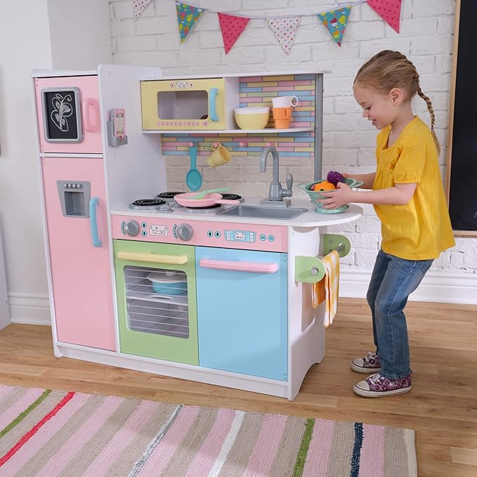 KidKraft Uptown Pastel Wooden Play Kitchen with Chalkboard, Play Phone, and See-Through Doors, Gift for Ages 3+