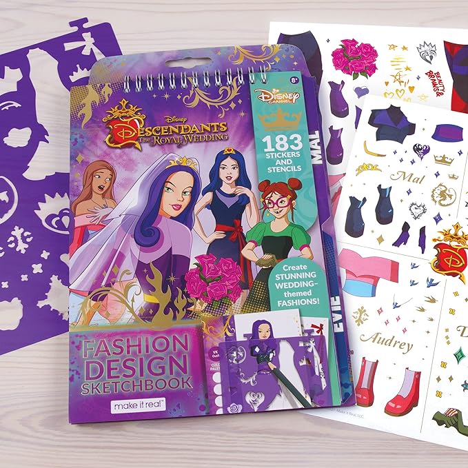 Disney Descendants Royal Wedding Fashion Design Sketchbook for Girls - Create Stunning Wedding-Themed Fashions with 183 Stickers, Stencils, Design Guide - Gift for Ages 6+, Develops Real-World Skills