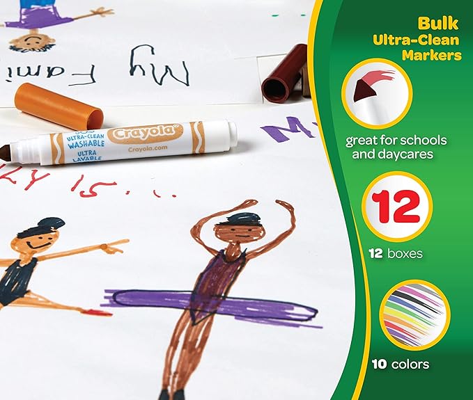 Crayola Ultra Clean Washable Markers (12 Boxes), Bulk Markers for Kids, 10 Broad Line Markers, Teacher Classroom Must Have