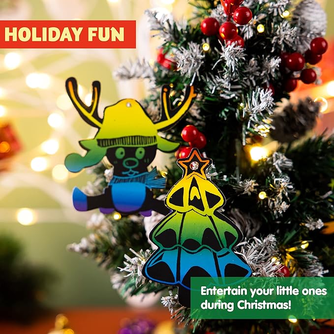 JOYIN 120 Pcs Christmas Scratch Art Ornaments, Rainbow Color Scratch Paper Craft Kit, Christmas Hanging Ornament, Scratch Off DIY Arts & Crafts Kit for Kids, Holiday Crafts Party Favor