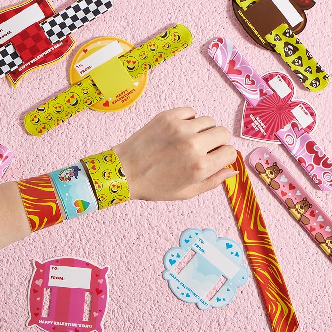 JOYIN 28 Packs Valentine's Day Slap Bracelet Set with Valentine Gift Cards for Classroom Exchange Prizes, Valentine Party Favors, Valentine’s Greeting Cards