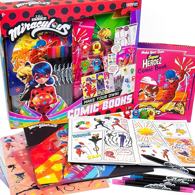 Miraculous Make Your Own Comic Book – Create 2 Comic Books Ladybug, Cat Noir, Tikki & More – Creative Toys for Kids Ages 6 & Up – DIY Comic Book Kit Kids