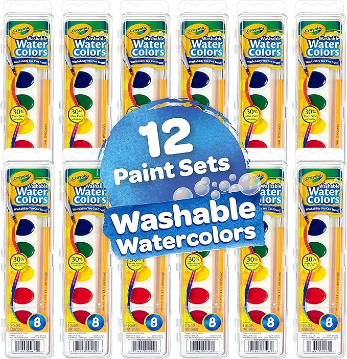 Crayola Washable Watercolor Paint Sets for Kids (12ct), Classroom Arts & Crafts, Bulk Classroom Paint for Kids, 8 Colors, 3+