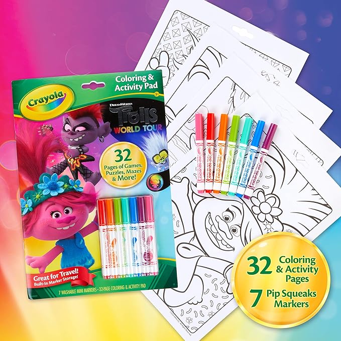 Crayola Trolls World Tour Color & Activity Pad, 32 Coloring Pages and 7 Mini Washable Markers Markers, Trolls 2 Gift for Kids, Ages 3+
