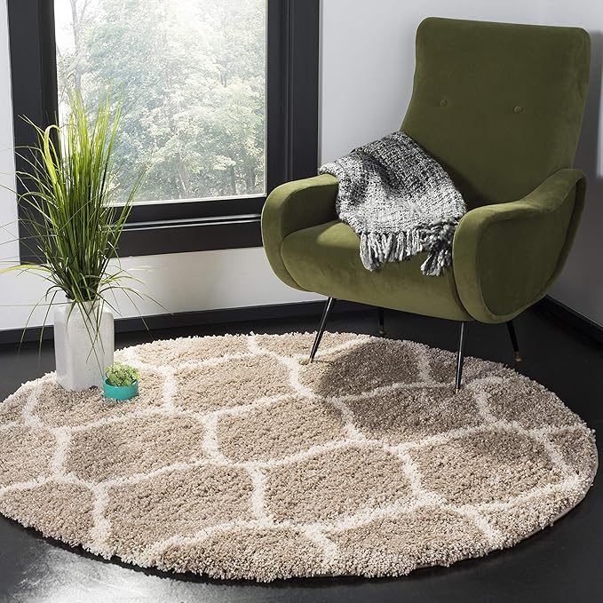 SAFAVIEH Hudson Shag Collection 3' Round Beige/Ivory SGH280S Moroccan Ogee Trellis Non-Shedding Living Room Bedroom Dining Room Entryway Plush 2-inch Thick Area Rug