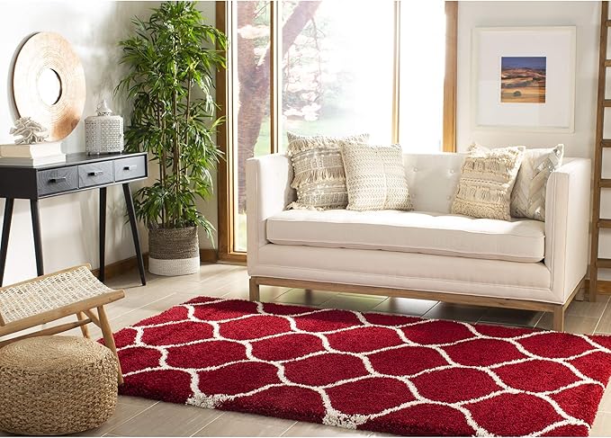 SAFAVIEH Hudson Shag Collection Accent Rug - 4' x 6', Red & Ivory, Trellis Design, Non-Shedding & Easy Care, 2-inch Thick Ideal for High Traffic Areas in Entryway, Living Room, Bedroom (SGH280R)