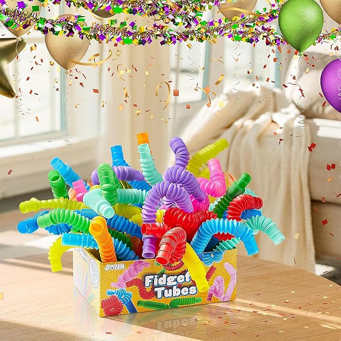 JOYIN 18 Pack Pop Tubes, Sensory Toys(Small) Fidget Tubes Party Favors - 9 Colors, Connectable and Extendable for Stress Relief - Perfect for Party, Classroom Exchange, School Reward
