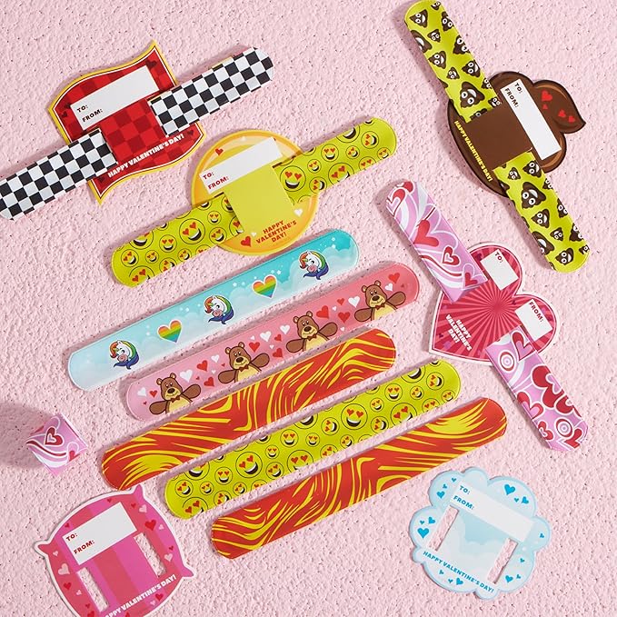 JOYIN 28 Packs Valentine's Day Slap Bracelet Set with Valentine Gift Cards for Classroom Exchange Prizes, Valentine Party Favors, Valentine’s Greeting Cards