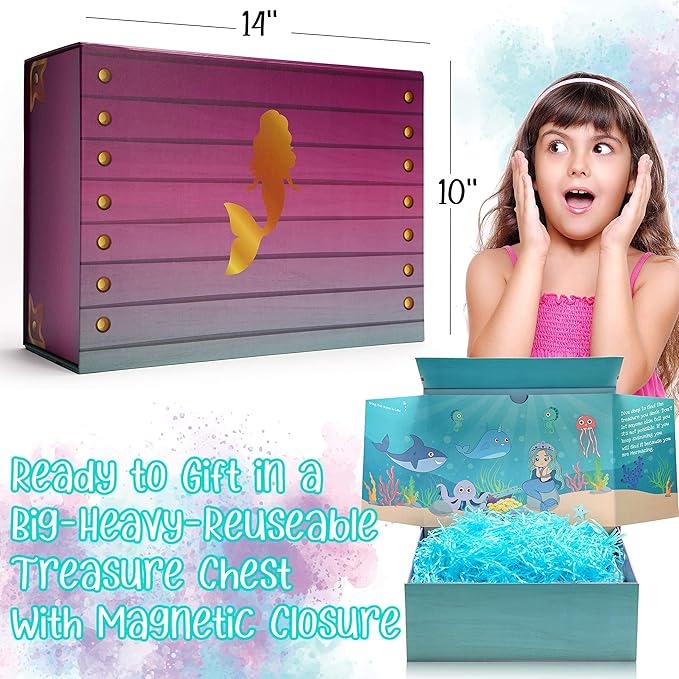 The Memory Building Company Kids Toys - Large Mermaid Surprise Box w/Mermaid Plush, Coloring Book and Markers, Jewelry and Crown Headband - Easter Basket Stuffers Birthday Gift for Girls Age 6 & Up