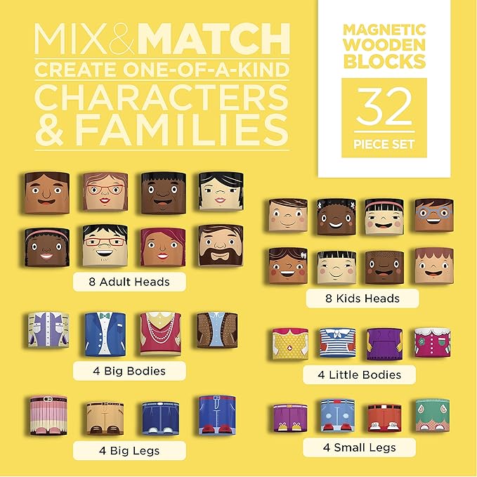 32-Piece Multiracial Magnetic Family Play Set β Wooden Diversity Building Blocks for Kids β SEL Toy Promoting Inclusion & Creative Learning