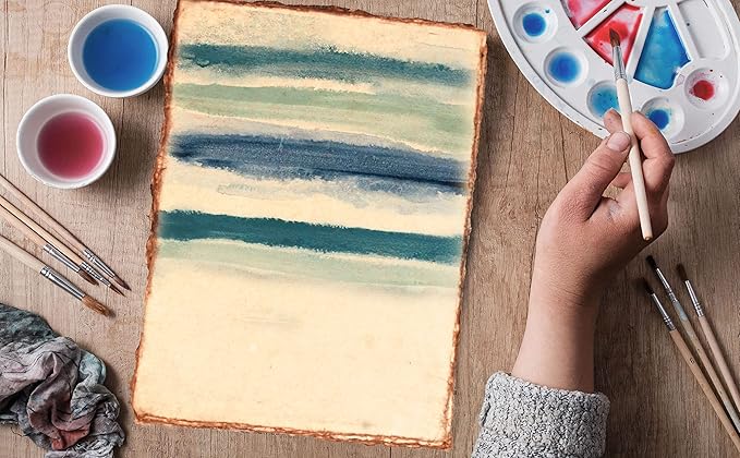 LEATHER VILLAGE Watercolor Paper - 9.5 X 12 inches, 50 Sheets - Mixed Media Watercolor Paper - 150 GSM Thick Deckle Edge Virgin Cotton Handmade Paper - Vintage Toned