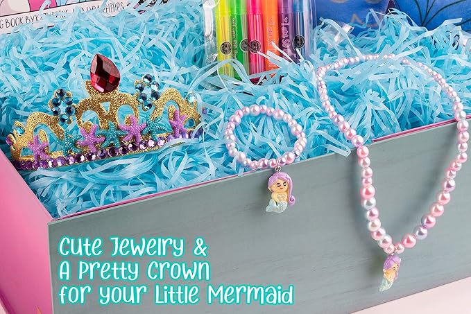 The Memory Building Company Kids Toys - Large Mermaid Surprise Box w/Mermaid Plush, Coloring Book and Markers, Jewelry and Crown Headband - Easter Basket Stuffers Birthday Gift for Girls Age 6 & Up