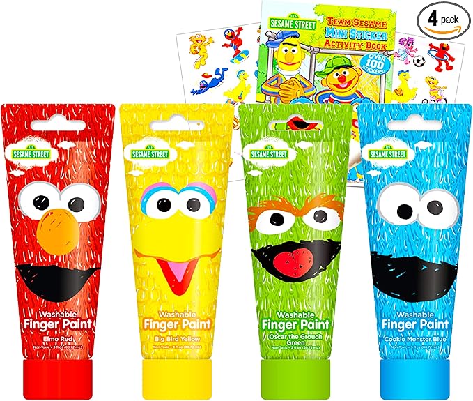 Sesame Street Finger Paint Set for Toddlers Kids - Pack of 4 Classic Colors and Stickers (Elmo Painting)