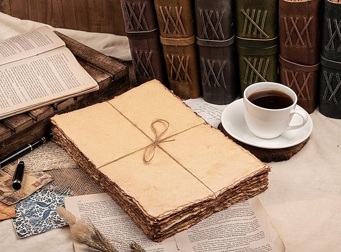 LEATHER VILLAGE Watercolor Paper - 7.5 X 11 inches, 50 Sheets - Mixed Media Watercolor Paper - 150 GSM Thick Deckle Edge Virgin Cotton Handmade Paper - Vintage Toned