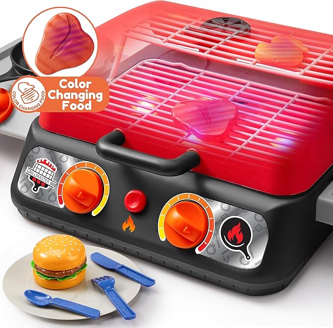Kids BBQ Grill Playset, Kitchen Toy Set with Pretend Smoke, Light, Sound & Color-Changing Food, Play Kitchen Accessories, Indoor Outdoor Cooking Toy for Boys Girls Kids