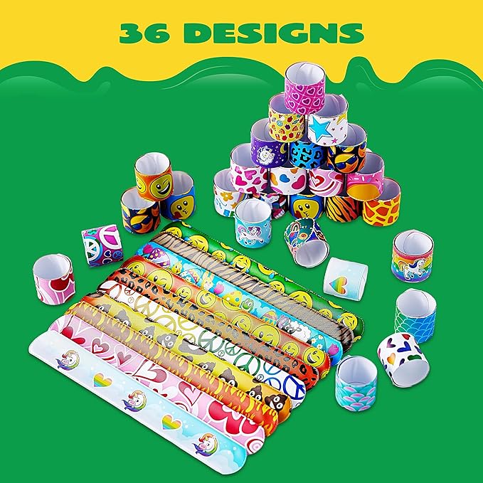 JOYIN 60 Pcs Slap Bracelets for Kids Bulk Wristbands with Animals, Friendship, Heart Print 36 Designs, for kids Easter Party Favors, Classroom Prizes Exchanging Gifts