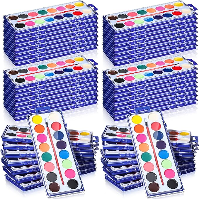 Jexine 48 Pieces Watercolor Paint Sets for Valentine's Day Gifts 16 Washable Water Color Paints Washable Bulk with Paintbrushes for Valentine School Classroom Birthday Gift Art Party Favors