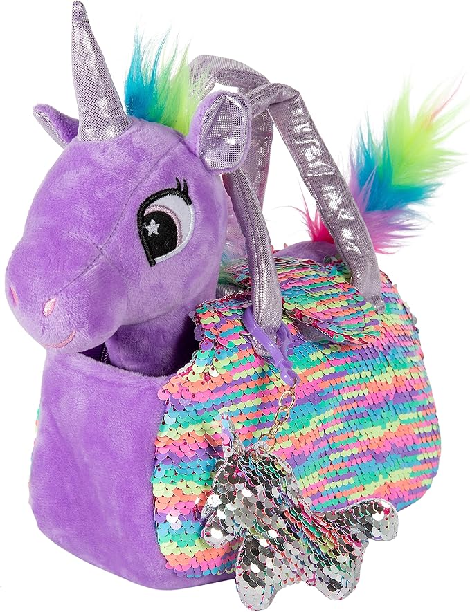 Little Jupiter Plush Pet Set - Unicorn Toys - Unicorns Gifts for Girls - Stuffed Animal for Kids - Unicorns - Plush Toy - w/Reversible Sequins & Charm (Purple Rainbow Unicorn) Age 4-5 - 6-7 yr