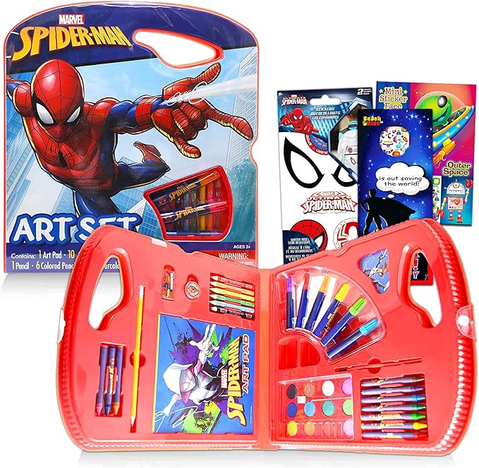 Marvel Spider-Man Art Set Bundle ~ 40 Pc Superhero Art Kit with Spiderman Coloring Utensils, Brushes, Art Pad, Stickers and More! (Spiderman Color Kit)