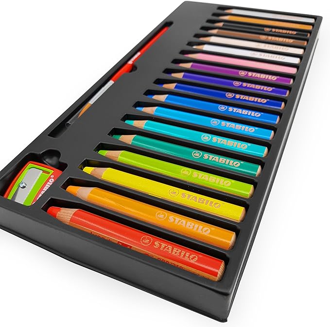 STABILO - Woody 3 in 1 Multi-Media Watercolour Pencils - Jumbo Easy-Grip - Pack of 18 with Sharpener and Brush