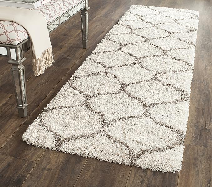 SAFAVIEH Hudson Shag Collection Runner Rug - 2'3" x 18', Ivory & Grey, Moroccan Trellis Design, Non-Shedding & Easy Care, 2-inch Thick Ideal for High Traffic Areas in Living Room, Bedroom (SGH280A)