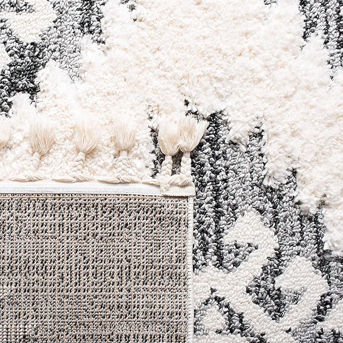 SAFAVIEH Moroccan Tassel Shag Collection Runner Rug - 2'3" x 22', Ivory & Grey, Boho Design, Non-Shedding & Easy Care, 2-inch Thick Ideal for High Traffic Areas in Living Room, Bedroom (MTS652F)