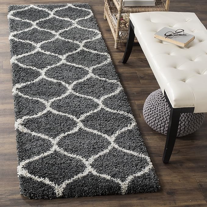 SAFAVIEH Hudson Shag Collection Runner Rug - 2'3" x 16', Dark Grey & Ivory, Trellis Design, Non-Shedding & Easy Care, 2-inch Thick Ideal for High Traffic Areas in Living Room, Bedroom (SGH280G)