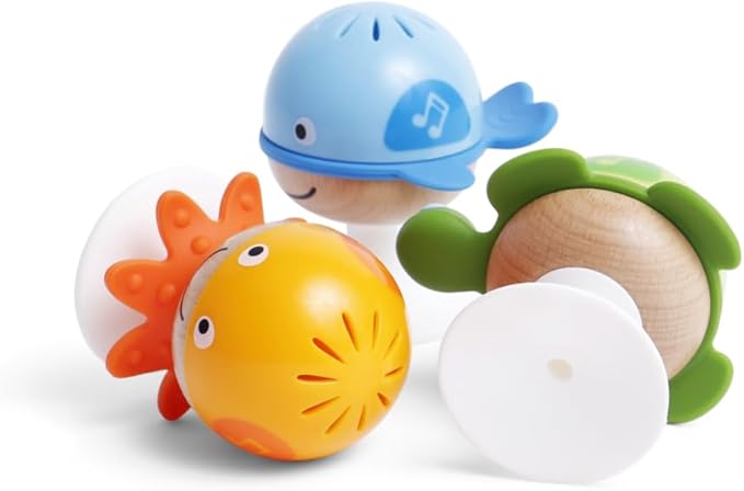 Hape Put-Stay Rattle Set | Three Sea Animal Suction Rattle Toys, Baby Educational Toy Set