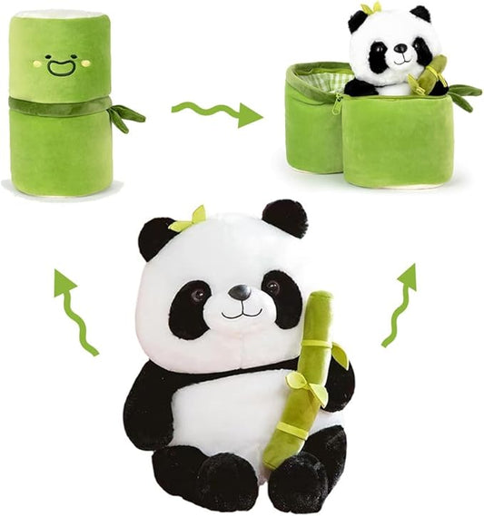 Cute Panda Plush Toy with Bamboo Cover, Bamboo Tube Panda Plush Toy, Kawaii Panda Stuffed Toys, Animal Panda Plush Doll Pillow Toys for Kids Funny Birthday Gift (9.8in)