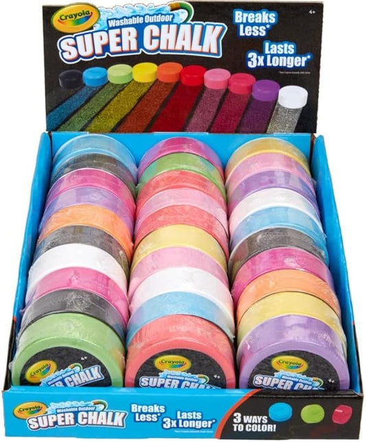 CRAYOLA Washable Outdoor Super Chalk - Assorted Colours (Box of 30) | 3 Different Ways to Colour with One Puck! | For Ages 4+