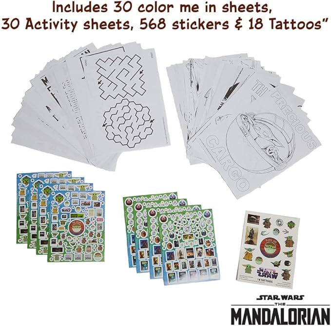 Innovative Designs Star Wars Mandalorian Baby Yoda Deluxe Activity Set for Kids with Carrying Tin, Coloring Sheets, Tattoos, Stickers, & Art Supplies, 500+ Pieces