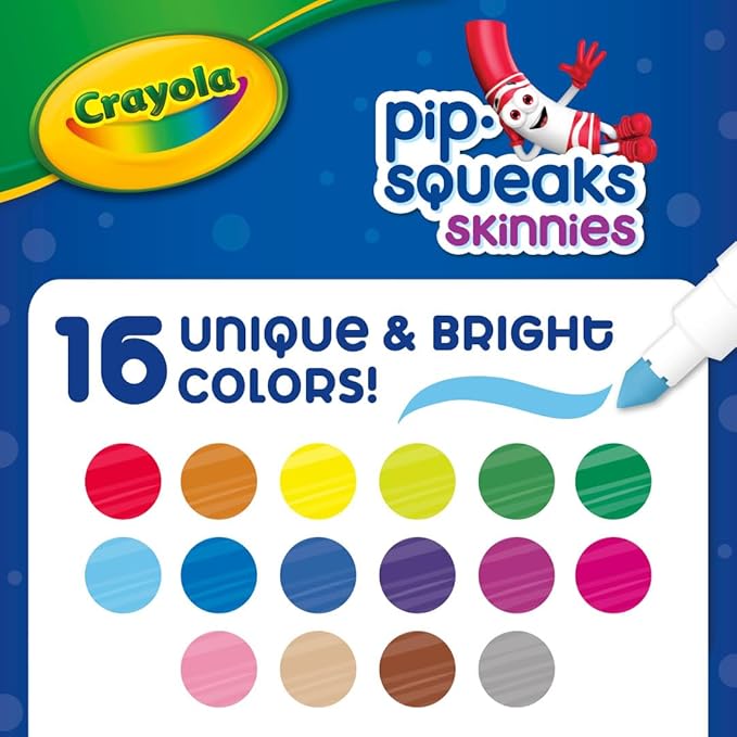 Crayola Washable Pip Squeaks Skinnies Markers (16ct), Mini Markers for Toddlers, Coloring Book Markers, Toys & Gifts for Kids, 3+