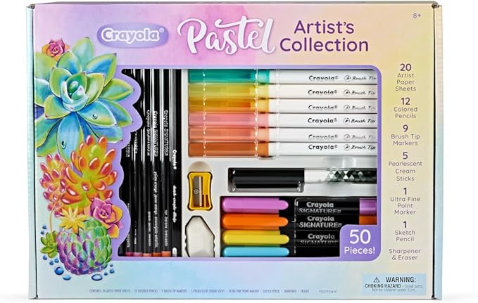 Crayola Pastel Colors Art Kit (50pcs), Kids Art Set with Pastel Markers & Pencils, Art Kit for Girls & Boys, Gift for Kids, 8+
