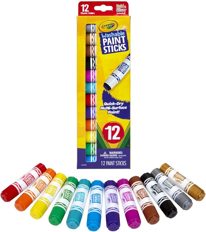 Crayola Quick Dry Paint Sticks (12ct), Washable Paint Set for Kids, Arts & Crafts Supplies, Multi-Surface, Assorted Colors, Kids Gifts