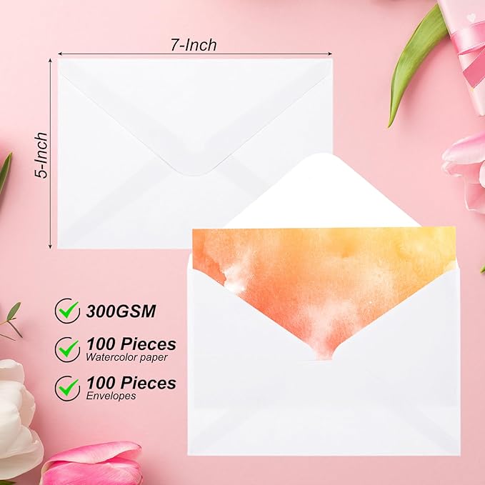 PATIKIL 100 Sets Pure Cotton Watercolor Cards 140lb/300 GSM Postcards with Envelopes for Art Painting Creative Thank Notes, 5x7 Inch