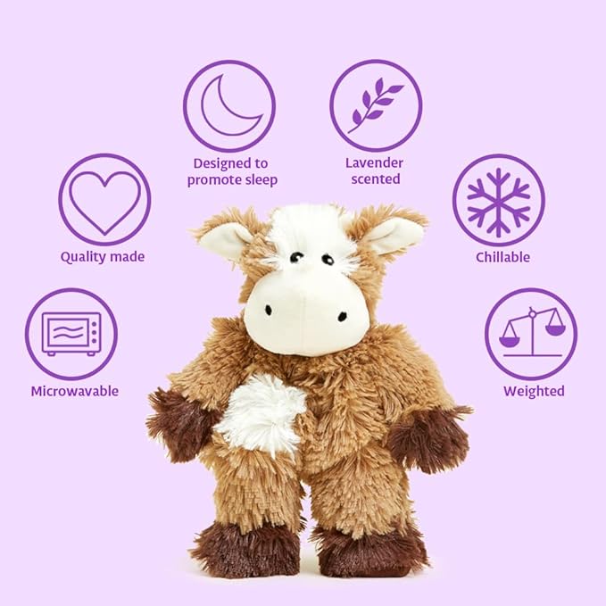 warmies Junior Microwavable & Weighted Stuffed Animals, Cow - Heated Stuffed Animal Plushie for Warmth & Comfort - Cute Soft Plush Toys for Adults & Children (Boys, Girls, Babies & Toddlers)