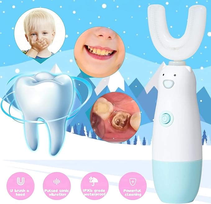 Kids Electric Toothbrush，6 Cleaning Models Toddler Toothbrush Waterproof Battery Powered 360 Automatic Sonic u Shaped Toothbrushes for 2-7 Years Old for Boys Girls（Blue）