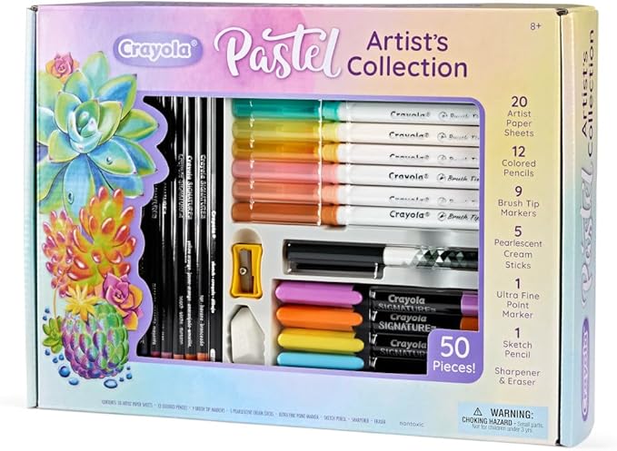 Crayola Pastel Colors Art Kit (50pcs), Kids Art Set with Pastel Markers & Pencils, Art Kit for Girls & Boys, Gift for Kids, 8+