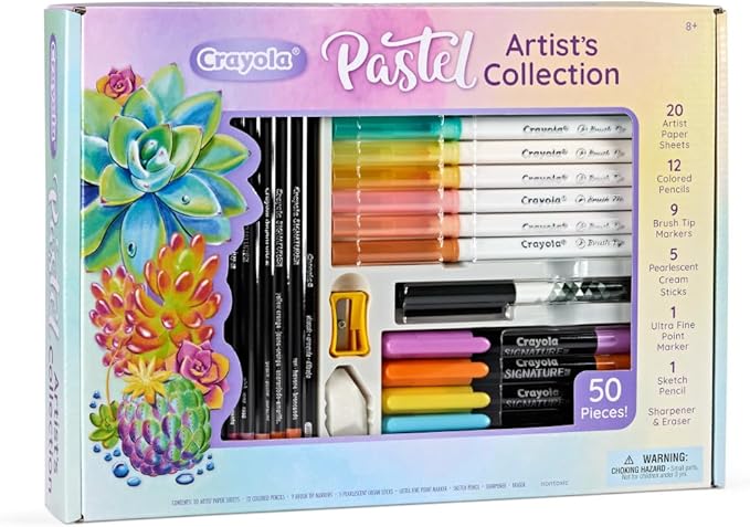 Crayola Pastel Colors Art Kit (50pcs), Kids Art Set with Pastel Markers & Pencils, Art Kit for Girls & Boys, Gift for Kids, 8+