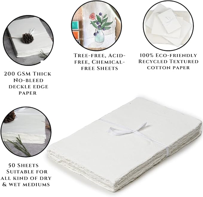 50 Sheets - Rough/Textured Watercolor Paper - 12.5 X 16.5 inches(150GSM) - Handmade/Deckle Edge Paper Made from Virgin Egyptian Cotton - Off-White by Leather Village