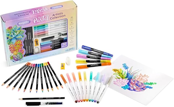 Crayola Pastel Colors Art Kit (50pcs), Kids Art Set with Pastel Markers & Pencils, Art Kit for Girls & Boys, Gift for Kids, 8+