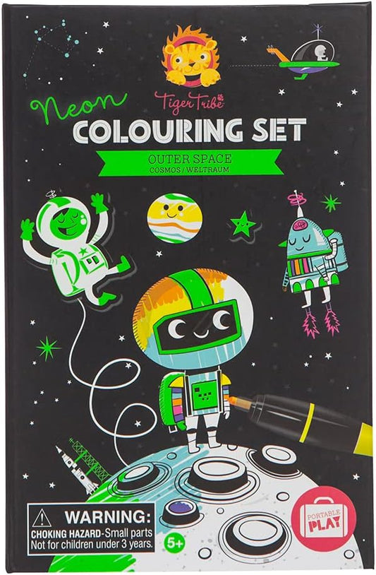 Tiger Tribe: Neon Coloring Set - Outer Space - Activity Set w/Stickers, Themed Pages & Markers Stored Inside Magnetic Sealed Storage Box, Kid Age 4+