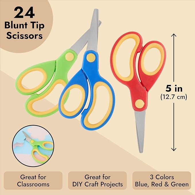 Juvale 24 Pack Blunt Tip Scissors - Classroom Bulk Pack for Kids Crafts, Student DIY Art Projects, Teacher Supplies (3 Colors, 5 Inch)