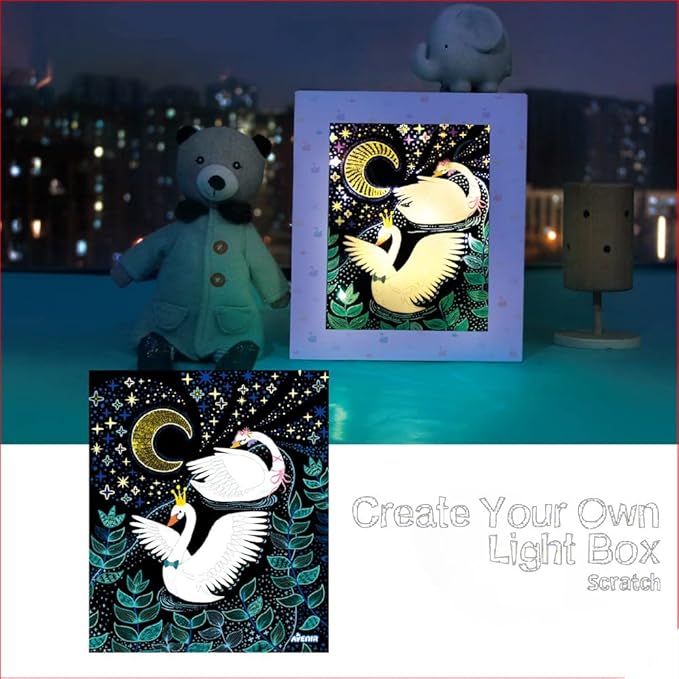 Avenir 6301434 Craft Set Luminous Scratching Pictures, DIY Light Box with Scratching Templates, Creative Set for Children from 6 Years, Scratching Art, Decoration